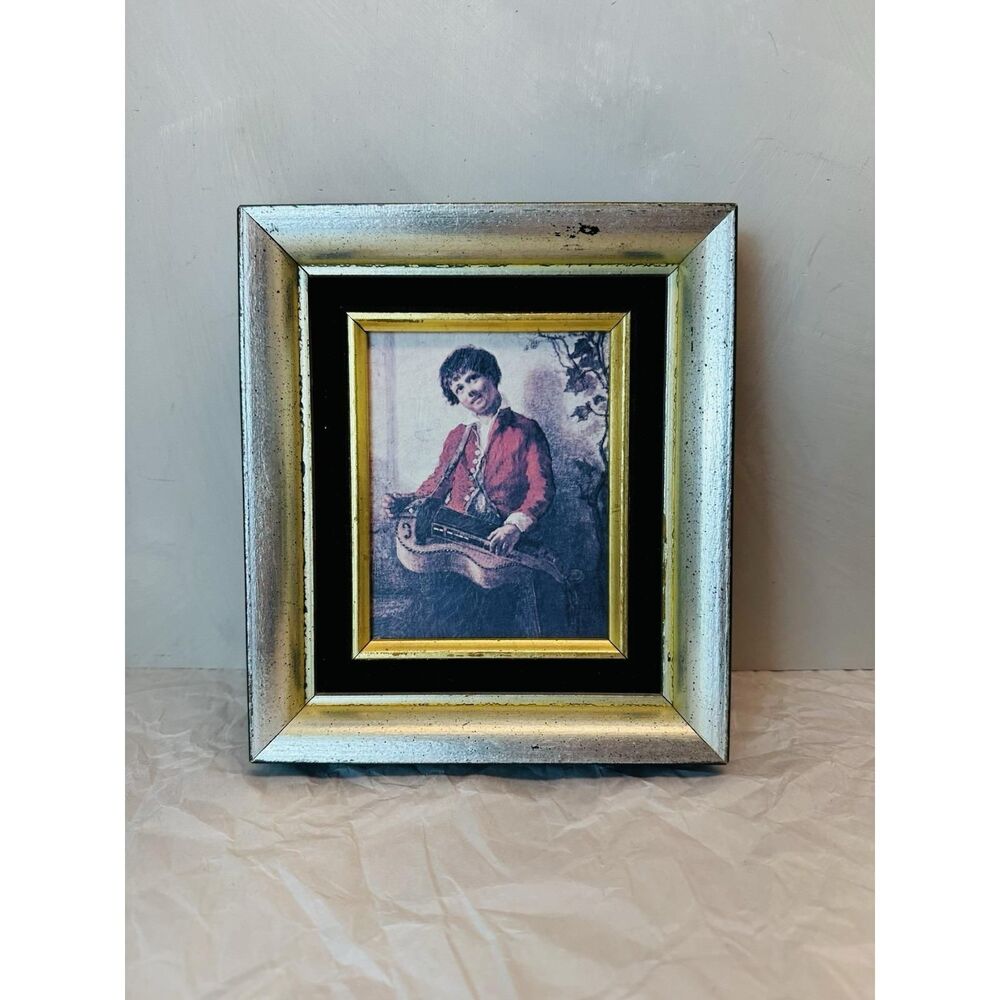 Vintage Silver Leaf Framed Art, Hurdy Gurdy Boy Lithograph, Classic Wall Decor